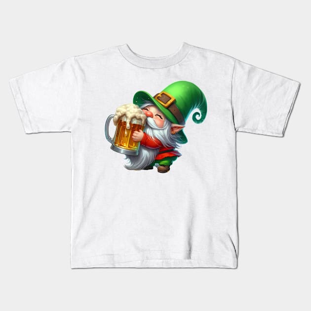 St Patricks Day Gnome Drinking Beer Kids T-Shirt by Chromatic Fusion Studio